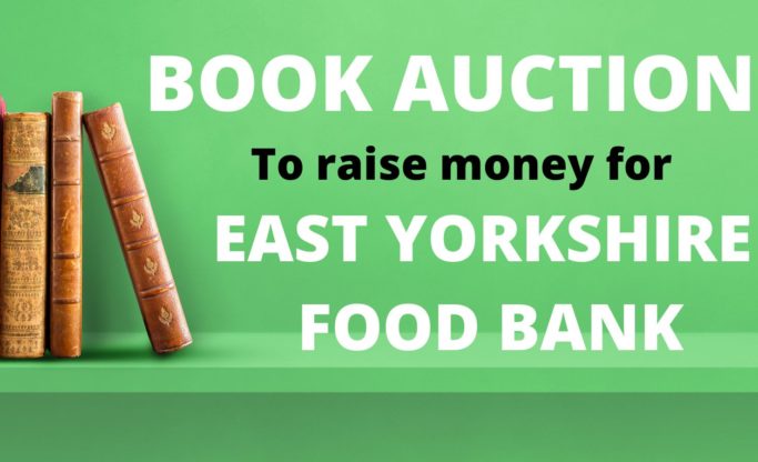 image of books. Text reads Book auction to raise money for East Yorkshire Foodbank